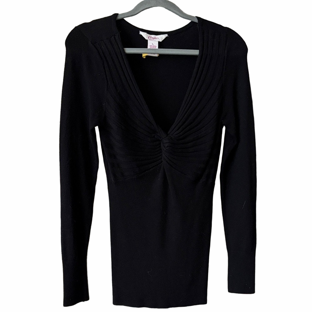 Candies Vintage Black deep V Knit long sleeve sweater L ruched bodice. - Picture 2 of 4